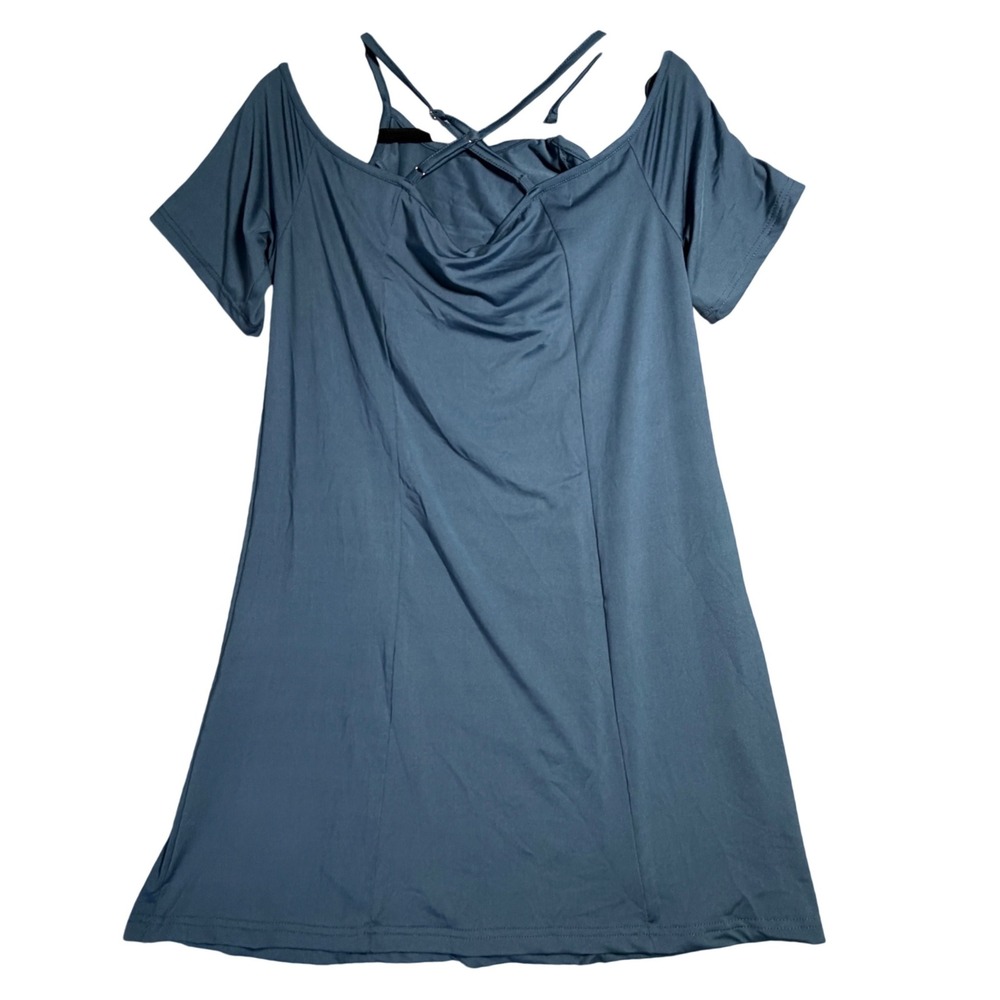 Womens Cold Shoulder‎ Lace Up Sleeve Mini Dress Blue Gray Size S NWT Athleisure